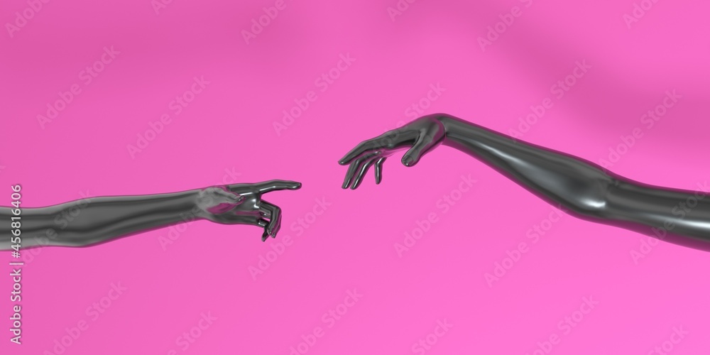 Poster Modern 3d illustration with two artificial hands about to touch each other, reminiscent of the scene of Adam's creation.