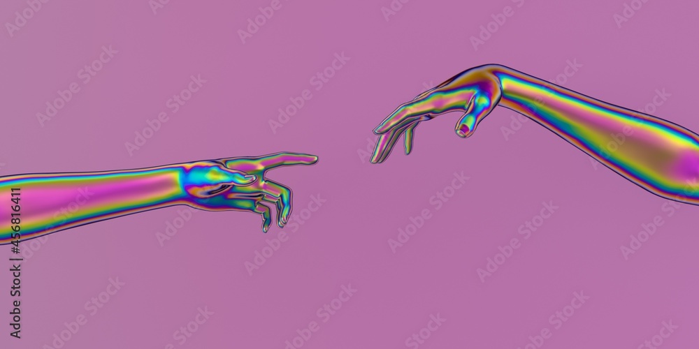 Poster Modern 3d illustration with two artificial hands about to touch each other, reminiscent of the scene of Adam's creation.