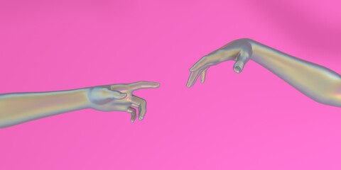 Modern 3d illustration with two artificial hands about to touch each other, reminiscent of the scene of Adam's creation.