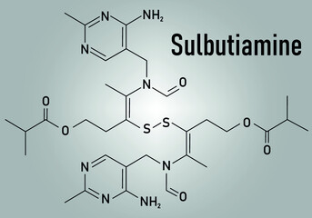 Sulbutiamine asthenia drug molecule. Also used in nutritional supplements. Skeletal formula.