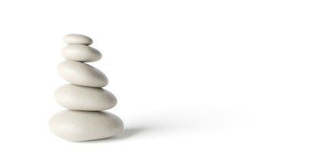 Stack of bright pebbles on white background, zen, spa, yoga or meditation concept