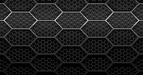 Double layer black, shiny round hexagon honeycomb grid grill background with light from above - obrazy, fototapety, plakaty