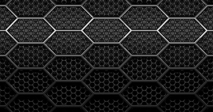 Double layer black, shiny round hexagon honeycomb grid grill background with light from above