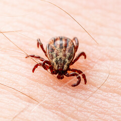 Encephalitis Virus or Lyme Borreliosis Disease Infected Dermacentor Tick Arachnid Parasite Insect on Skin Close-up