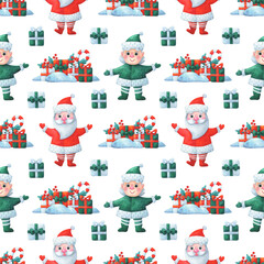 Santa Claus with an elf and gifts in the forest on a white background. new Year's seamless pattern. Children's Christmas character, stars. Red-green watercolor for festive fabric, paper, textiles