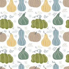 Seamless pattern with hand drawn pumpkin in cartoon style. Flat pastel background of pumpkins, squash. Autumn background for thanksgiving, harvest and halloween in scandinavian style