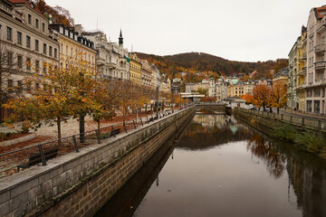 Historic spa town Karlovy Vary, famous for geothermal hot springs used for treatment and colonnades