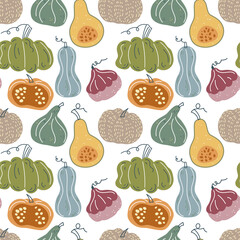 Seamless pattern with hand drawn pumpkin in cartoon style. Flat pastel background of pumpkins, squash and seeds. Autumn background for thanksgiving, harvest and halloween in scandinavian style