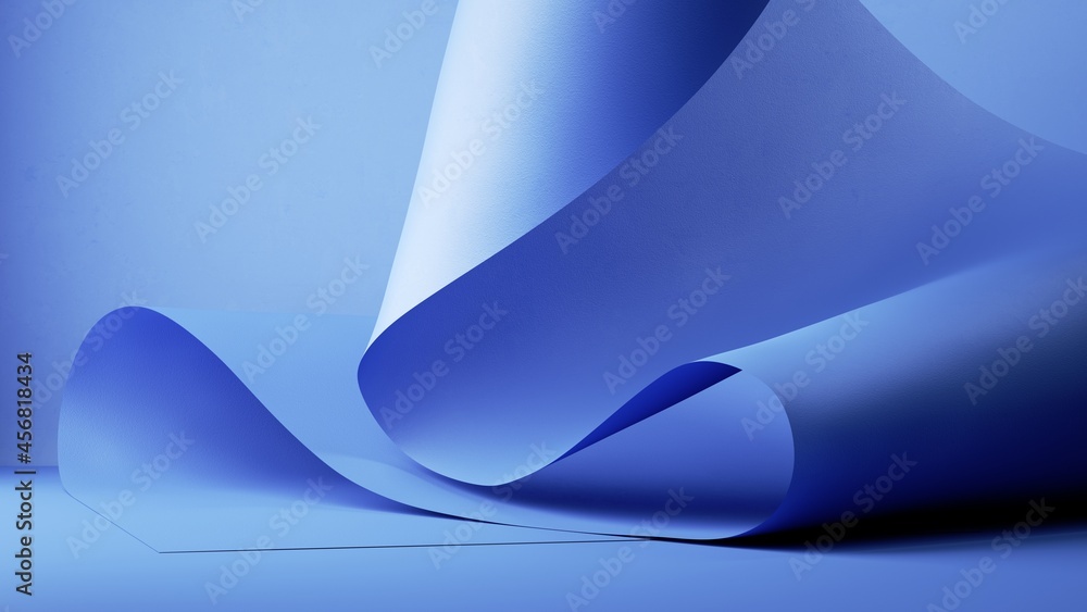 Poster 3d render, abstract background with blue folded ribbon, paper scroll macro
