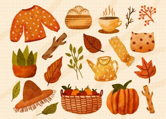 Cozy autumn Watercolor elements set, forest collection object, sweater, breads, coffee, cup, branch, potted plant, leaves, leaf, wood, pillow, pumpkin, hat, kettle plant, branches, illustrations