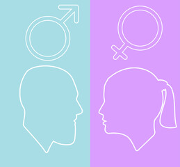Liner silhouettes of people. Guy and girl. Male and female portrait. Man on a blue background, a woman on a pink. Male and female signs. Symbols of Venus and Mars