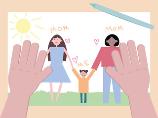 The girl drew her family with two mothers. The concept of an LGBT family, lesbian moms