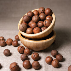 High angle of wooden bowls with brown macadamia nuts in shell placed on table 