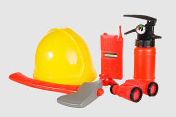 Children's Play Set for playing Fire Rescue, Toy fire extinguisher, axe, Helmet, walkie-talkie, binoculars, close-up
