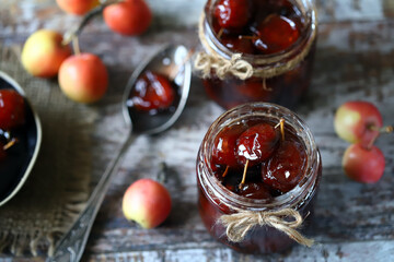 Homemade mini apple jam. Paradise apple jam.