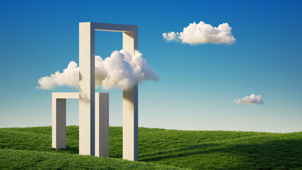 3d render, abstract panoramic background. Minimal landscape with green grass, stone arches and white clouds in the blue sky. Modern minimal showcase scene © wacomka