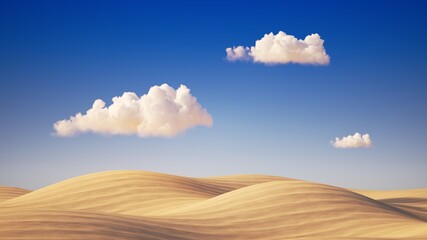 3d render. Sunny day in a desert. Panoramic landscape with sand dunes and white clouds on a blue sky. © wacomka