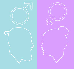 Linear silhouettes of people. Guy and girl. Male and female portrait. Man on a blue background, a woman on a pink. Male and female signs. Symbols of Venus and Mars