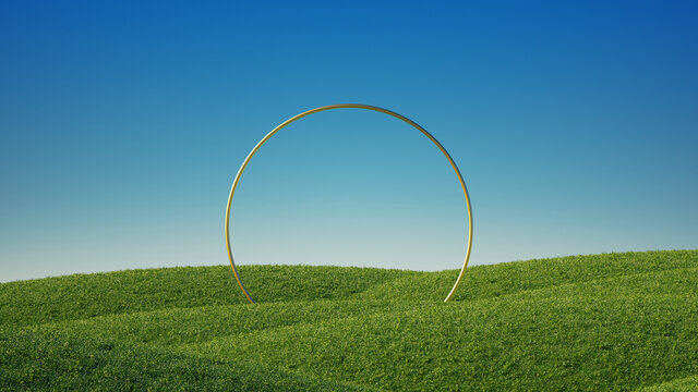 3d render, panoramic landscape. Abstract background with green grass and round golden frame under the blue sky. Modern minimal showcase scene