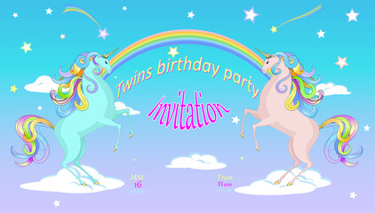 Two unicorns stand on their hind legs on the clouds against a background of rainbows and stars. Design for cards, congratulations, invitations, etc. with an example of an inscription