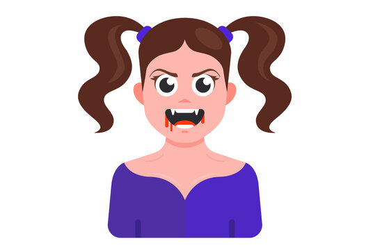 young blond vampire girl with blood on her lips and fangs. Flat character vector illustration.
