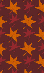 Vector pattern of autumn maple leaves. Background. Wallpaper. Retro style. Grunge. Illustration. Orange and red on a brown background. Scuff texture