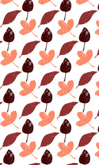 Vector pattern of multicolored autumn leaves. Background. Wallpaper. Retro style. Grunge. Illustration. Pink, red, brown. Scuff texture