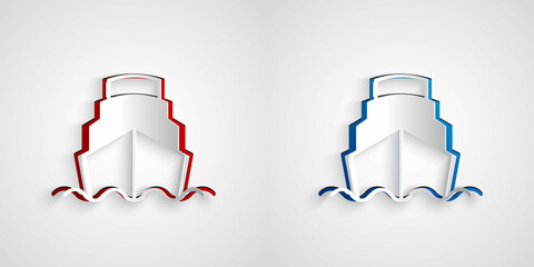 Paper cut Cruise ship in ocean icon isolated on grey background. Cruising the world. Paper art style. Vector © Vadim