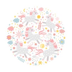 Cute card with unicorns, flowers, clouds and stars. Fairy round pattern.