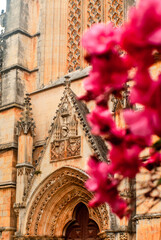 Portal entrance of the Monastery of Batalha in pink oleander flowers in the foreground - Nerium oleander, Batalha, Portugal, Vertical, Selective focus