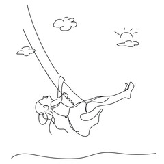 A girl riding a swing. Happy girl. Vector line art illustration. Trendy black and white drawing