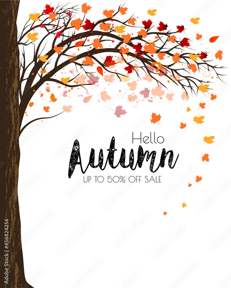 Poster enjoy autumn sale background with trees and colorful leaves. vector