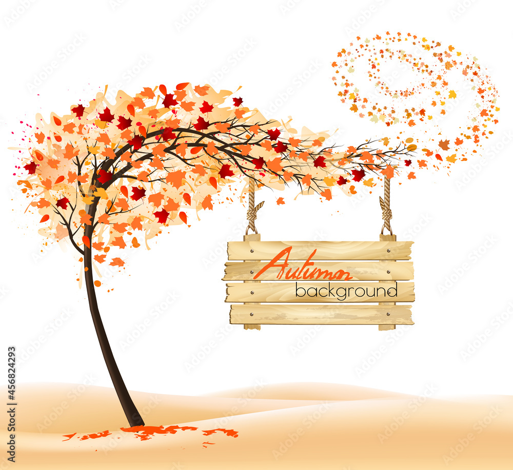 Poster hello a gold autumn. autumn landscape with colorful leaves on the tree and wooden sign. vector illus