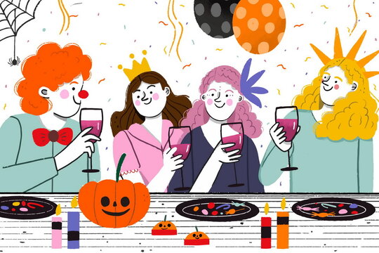 people costumes having halloween dinner vector design illustration