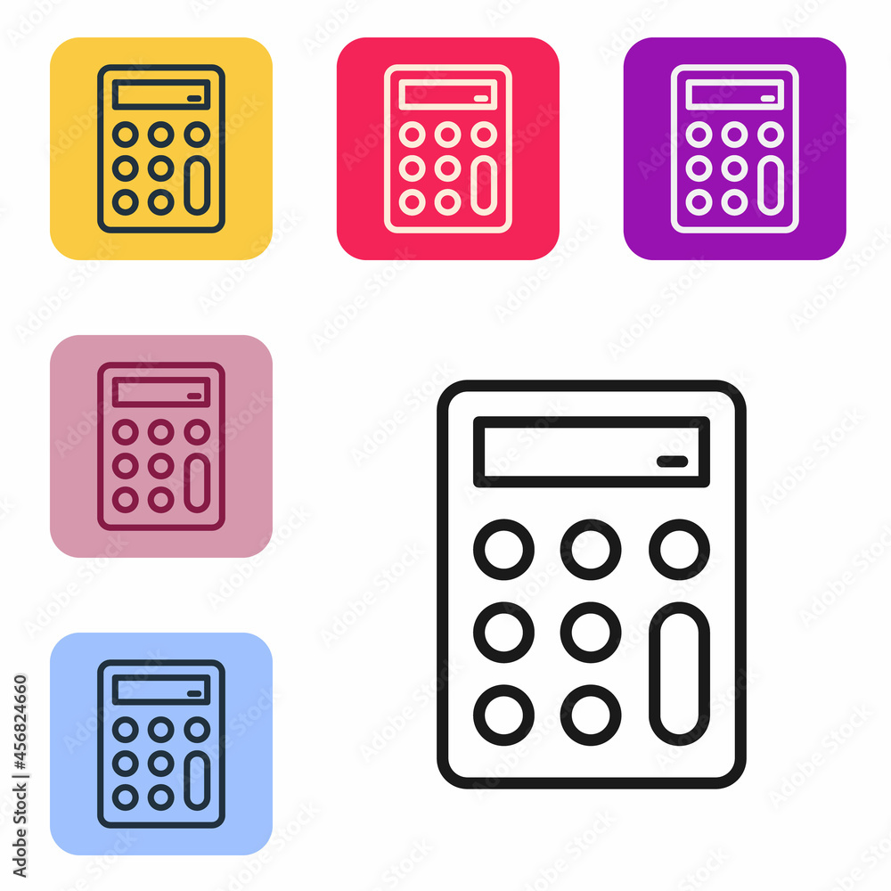 Poster black line calculator icon isolated on white background. accounting symbol. business calculations ma