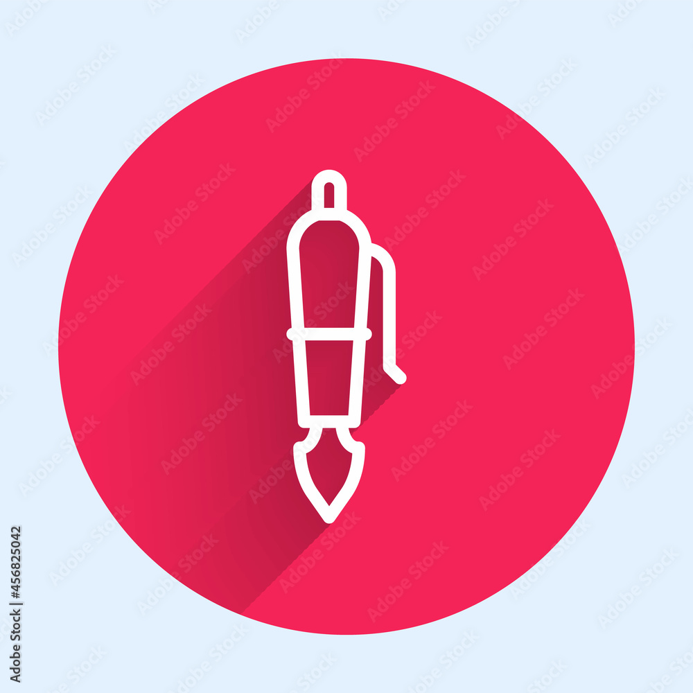 Poster white line fountain pen nib icon isolated with long shadow background. pen tool sign. red circle but