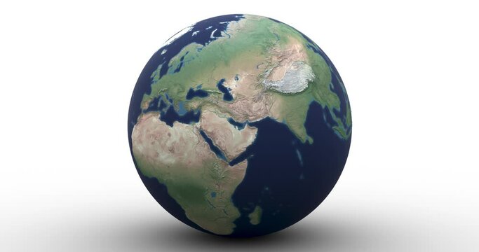 Raised relief globe drops into frame, rolls toward camera and highlights the Persian Gulf. Two versions. In-file luma matte allows you to easily recolor the infinite background. Data: NASA 