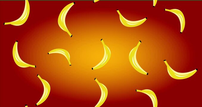 Yellow cartoon spinning bananas on orange background seamless loop hd animation.