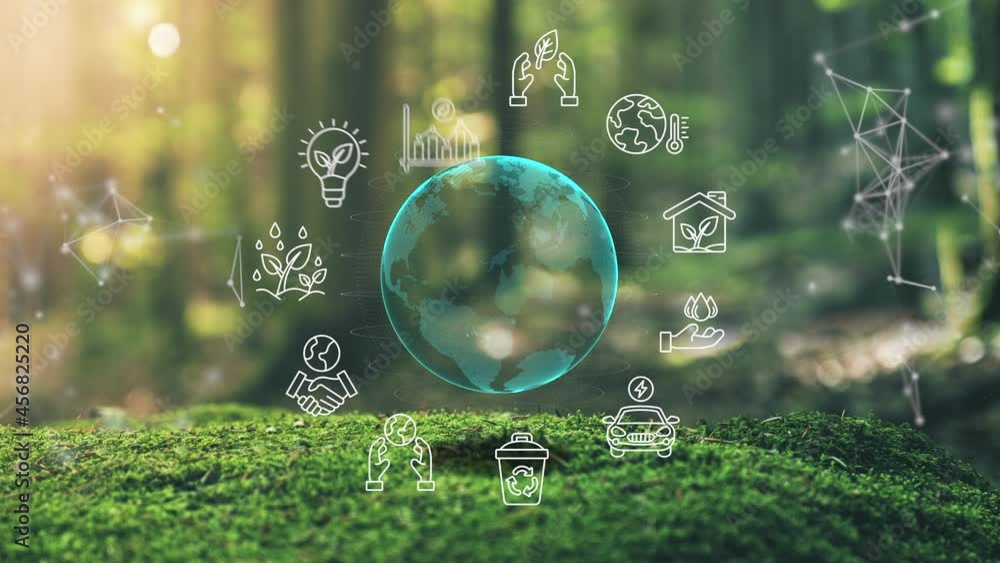Wall mural earth ecological green energy icons plexus concept moss in forrest background 3d render
