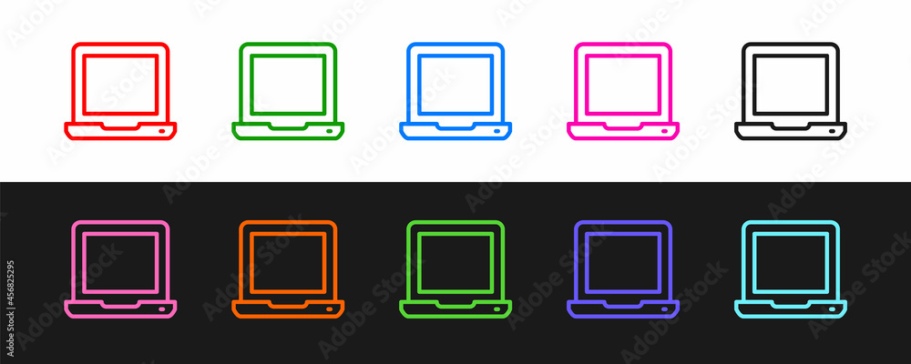Poster set line laptop icon isolated on black and white background. computer notebook with empty screen sig