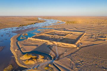 aerial view of the ruins of black water ancient city in sunset