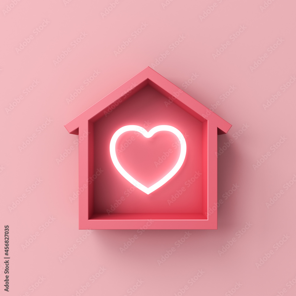 Poster Neon light heart in minimal house isolated on pink pastel color background with shadow 3D rendering