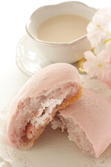 pink sweet bun and milk tea for spring time breakfast