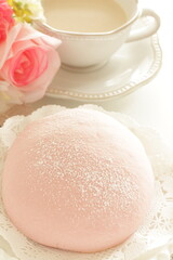 pink sweet bun and milk tea for spring time breakfast