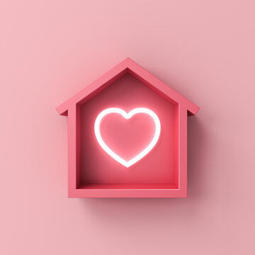 Neon light heart in minimal house isolated on pink pastel color background with shadow 3D rendering