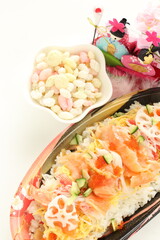 Japanese culture food for Girl's day in March, colorful Chirashizushi 
