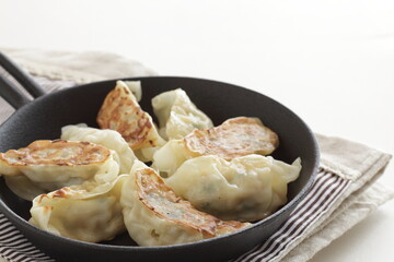 Homemade Japanese style Jaozi in pan for lunch