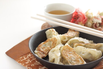 Homemade Japanese style Jaozi in pan for lunch