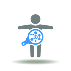 Human body with magnifier and stomach molecule vector illustration. Metabolism exam icon. Metabolic syndrome research symbol.