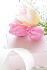 Obraz na płótnie Canvas pink gift box and ribbon with turnip flower 